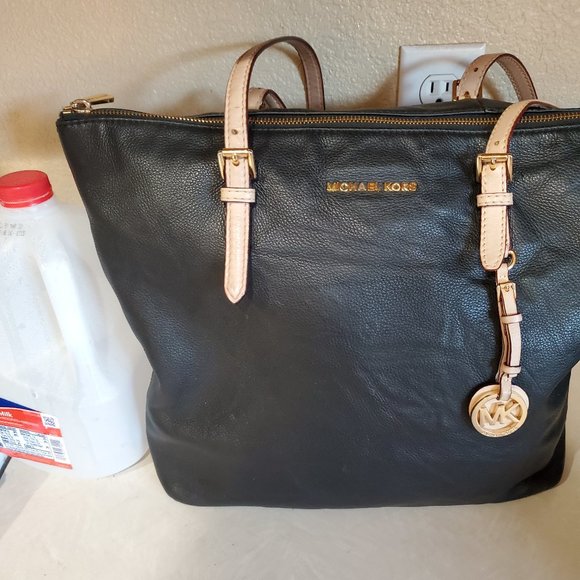 Euc Vintage Michael Kors Black Leather Tote bag Purse c - Picture 1 of 9